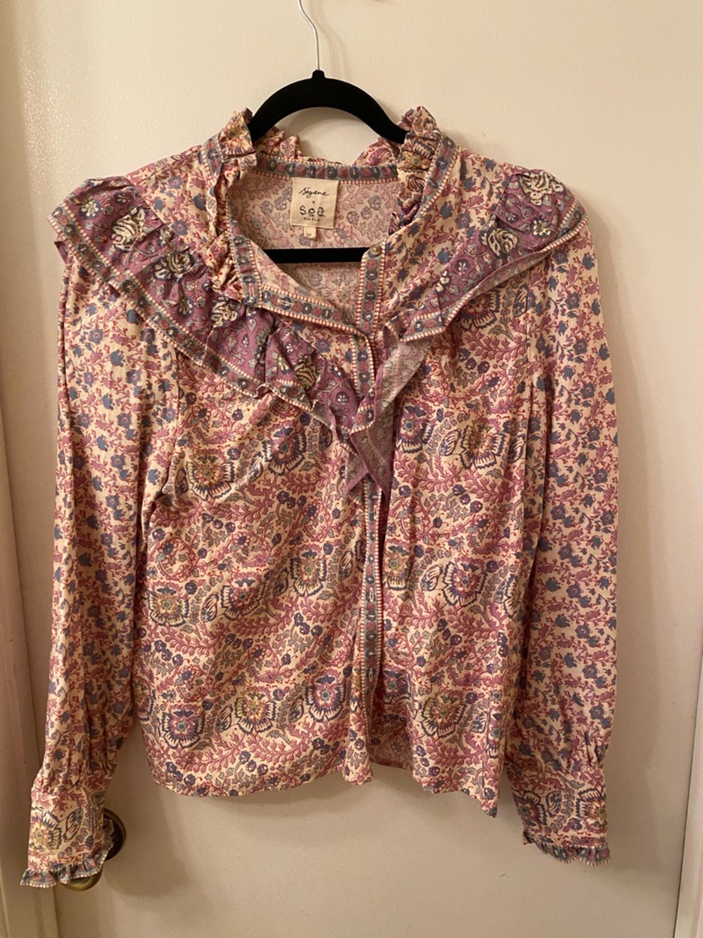 Sezane x Sea New York collab- Floral Ruffle Blouse in Lavender and Cream